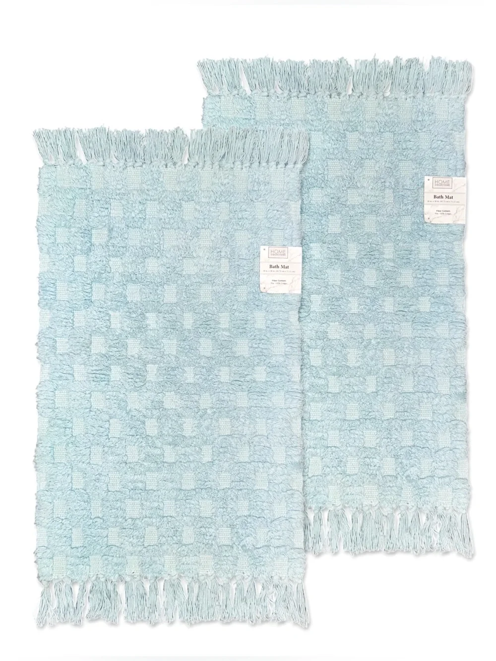 Home Collections Checkered Fringe Bath Mats Cotton Set of 2 Aqua Blue 18x28 NWT
